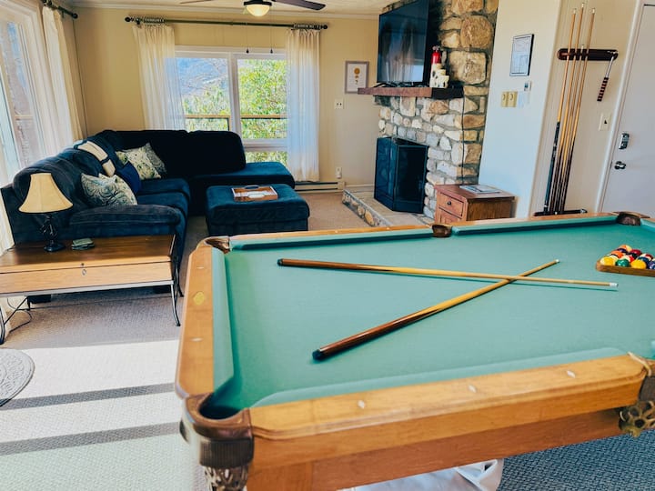 Game Room Fun with amazing views! We have a large sectional sofa/sofa bed, 55" Roku smart TV, gas fireplace, pool table with ping pong inserts, game table, books, games, puzzles, etc.