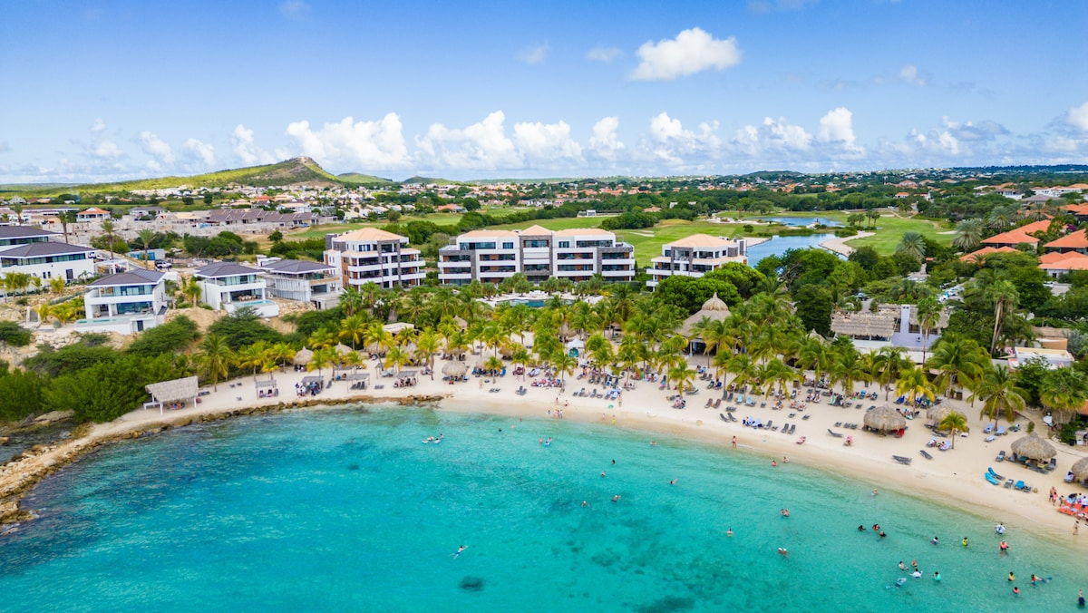 An aerial view captures the resort's pristine white sand beach, bordered by clear turquoise waters. Lush tropical trees provide shade along the shore, while guests relax on sun loungers. The resort's buildings and green hills are visible in the background, enhancing the natural landscape.