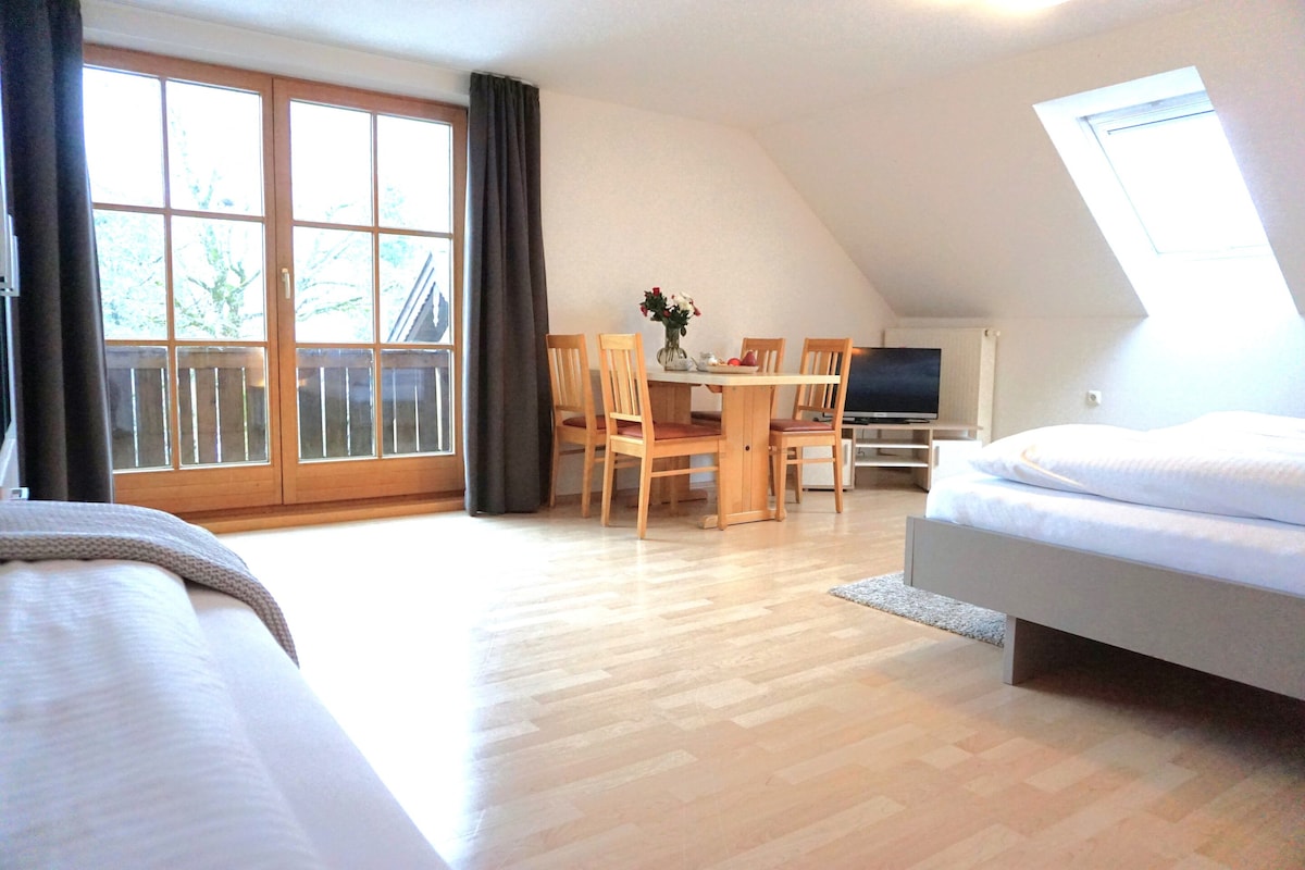 A bright, airy room features a spacious seating area with a wooden table and four chairs, complemented by a television. Two large windows allow natural light to fill the space, with a view of the outdoors. A comfortable bed is neatly made, enhancing the inviting atmosphere.