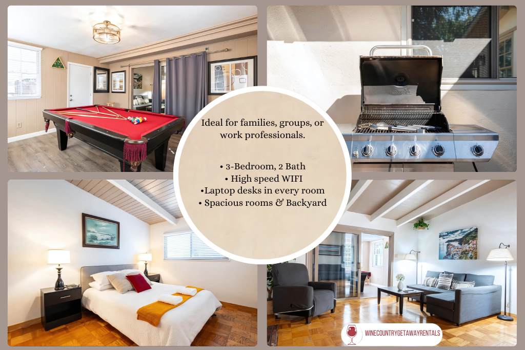 A collage displaying key amenities of the home. The top left shows a pool table in an entertainment area, while the top right features a grill on an outdoor deck. The bottom left presents a bedroom with a spacious bed, complemented by natural light from nearby windows. The bottom right highlights an airy living space with wooden beams.