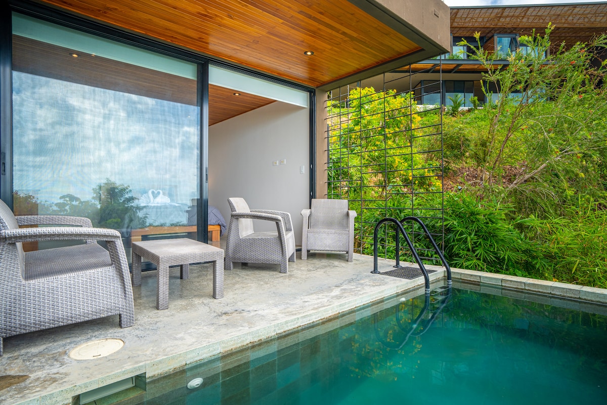 A private plunge swimming pool is situated just outside the villa, surrounded by greenery. Two armchairs and a small table are placed on the patio, providing a comfortable space to relax. Large glass doors create a seamless transition between indoor and outdoor areas.