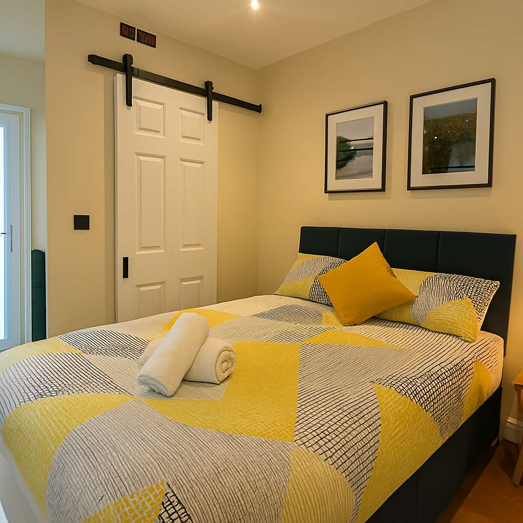 Приземен етаж, спалня 4 с двойно легло, самостоятелен санитарен възел и директен достъп до градината