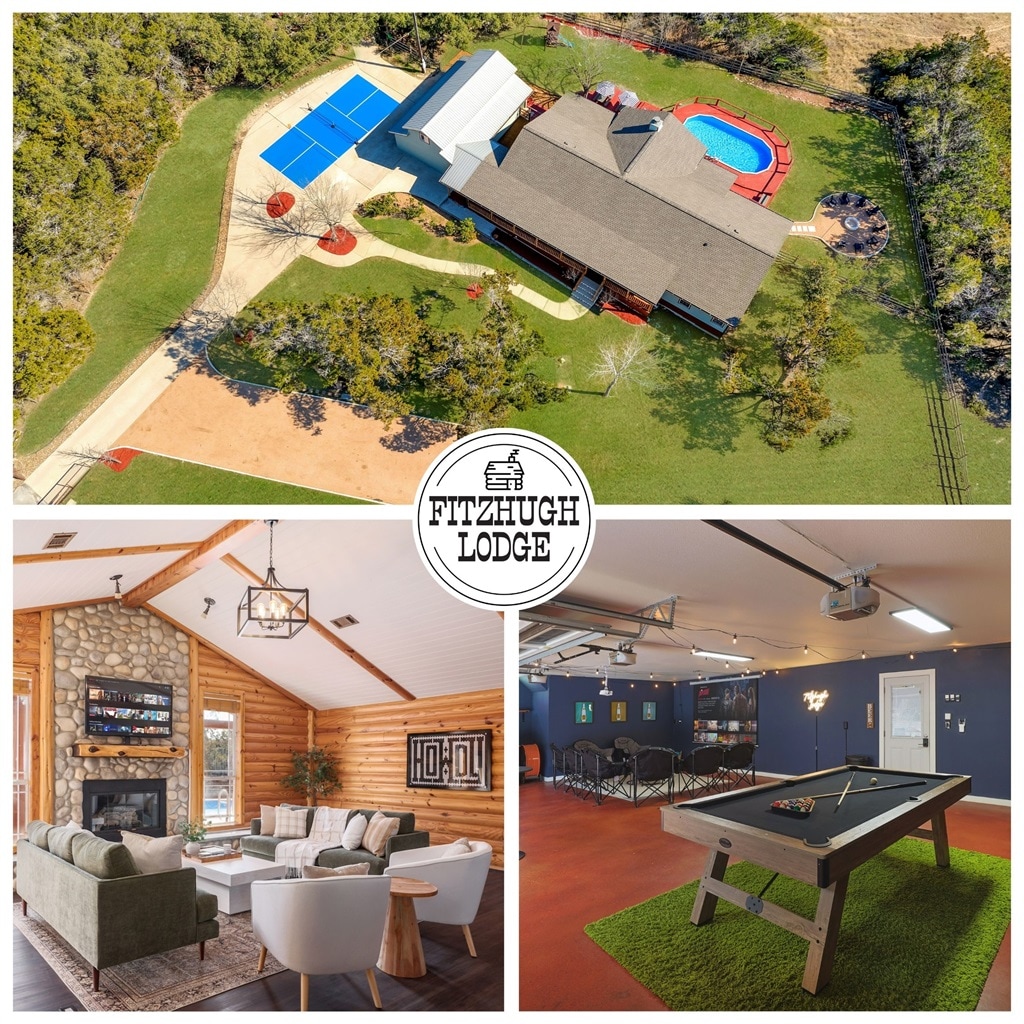 An aerial view showcases Fitzhugh Lodge's expansive grounds, featuring a private pool, pickleball court, and well-maintained landscaping. The image includes a cozy indoor lounge highlighted by a stone fireplace and a game room equipped with a billiards table, offering diverse entertainment options.