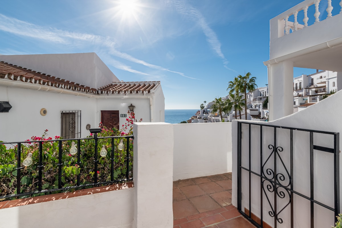 A sunlit view is captured from a white-walled patio, showcasing vibrant flowers in a garden bed. The horizon features a glimpse of the sea against a clear blue sky, while a wrought iron gate provides access to the view.