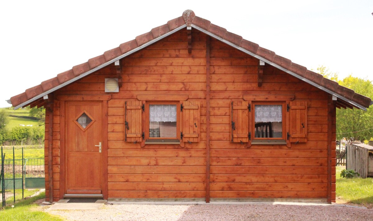 A wooden chalet with a classic design is showcased, featuring a sloped roof and front door with a diamond-shaped window. Two windows are adorned with shutters, allowing natural light to enter, while the surrounding landscape includes greenery visible in the background.