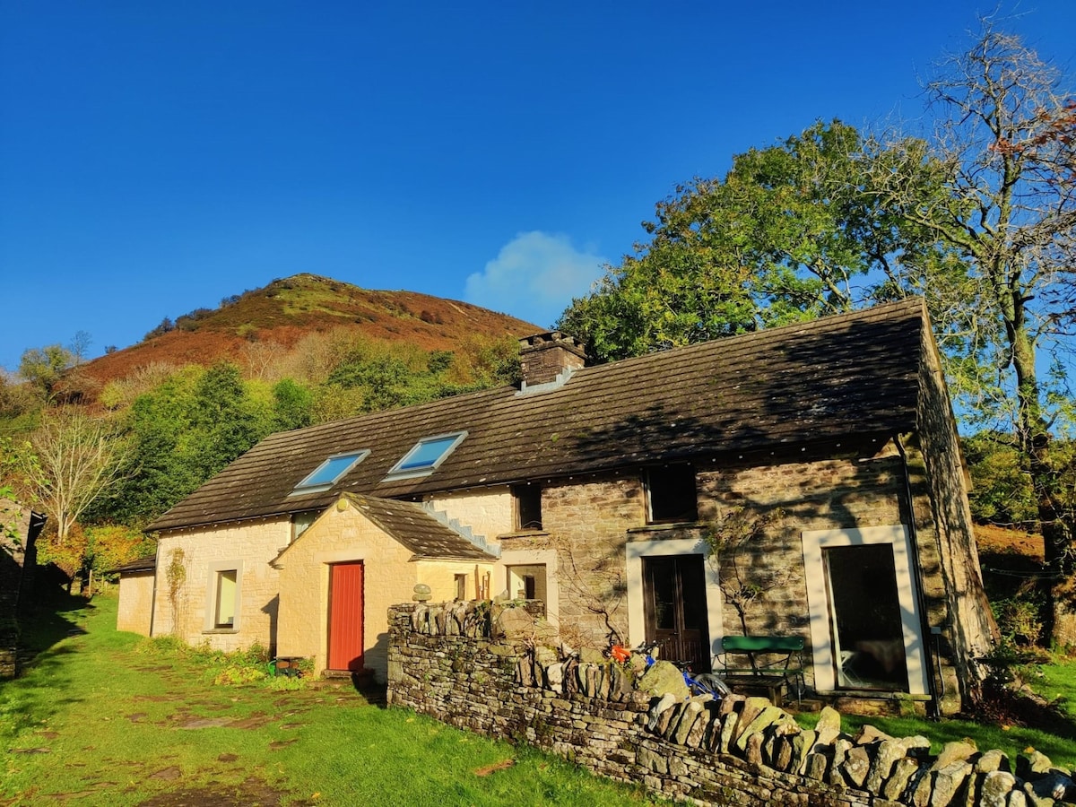 The detached farmhouse features a rustic stone exterior with a bright red front door. Natural light reflects off the skylights on the roof. The surrounding landscape includes lush greenery and rolling hills in the background, creating a serene outdoor setting.