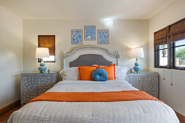 Bedroom 5 (casita) features a queen bed, TV, balcony, and ensuite bathroom.