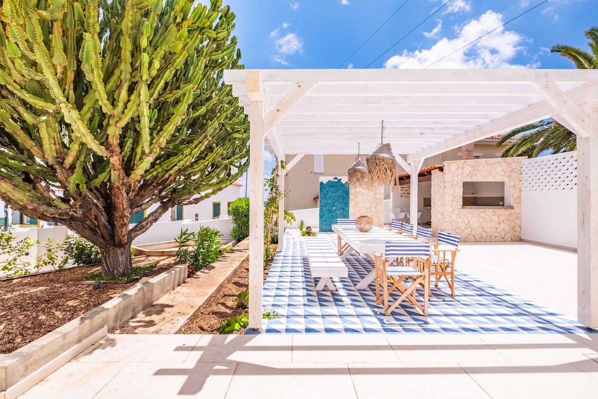 An outdoor terrace features a large dining table surrounded by wooden chairs, set against a backdrop of a textured stone wall and a built-in barbecue. Sunlight casts shadows on the blue and white tiled flooring, while a tall cactus and lush greenery provide natural elements to the space.