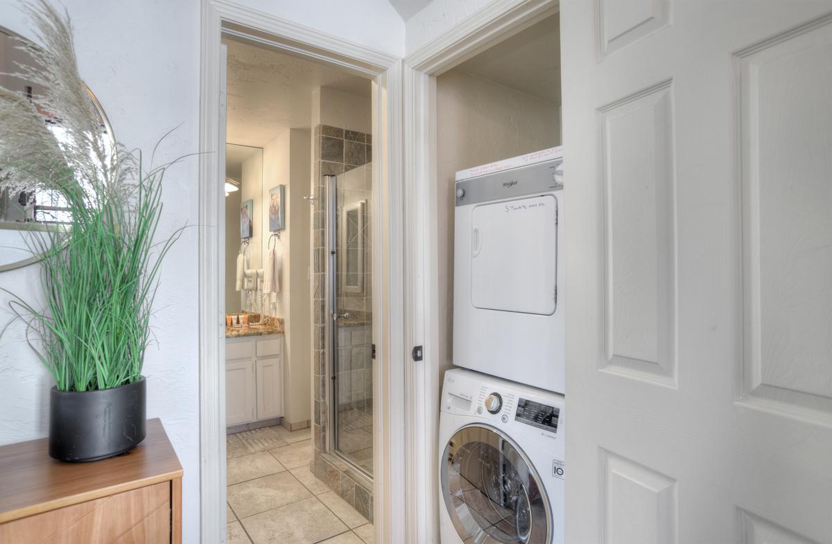 A laundry area features a stacked washer and dryer, positioned next to a bathroom with a glass-enclosed shower and modern fixtures. Natural light brightens the space, complemented by potted plants and a wooden cabinet in the foreground.
