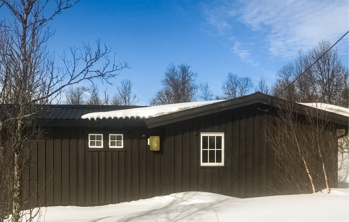 The exterior of a holiday home is shown with a dark wooden facade and a sloped roof covered in snow. Two windows are visible, framed in white, against a backdrop of bare trees and a clear blue sky.