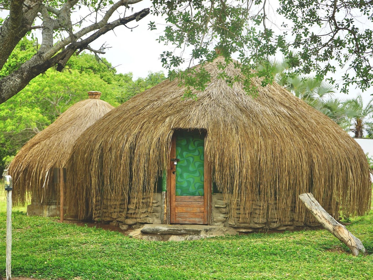 Two traditional chalets are featured, each topped with thatched grass roofs, set amidst lush greenery. The natural textures of the buildings are complemented by wooden doors, with one door prominently displayed in the center, surrounded by vibrant green walls.