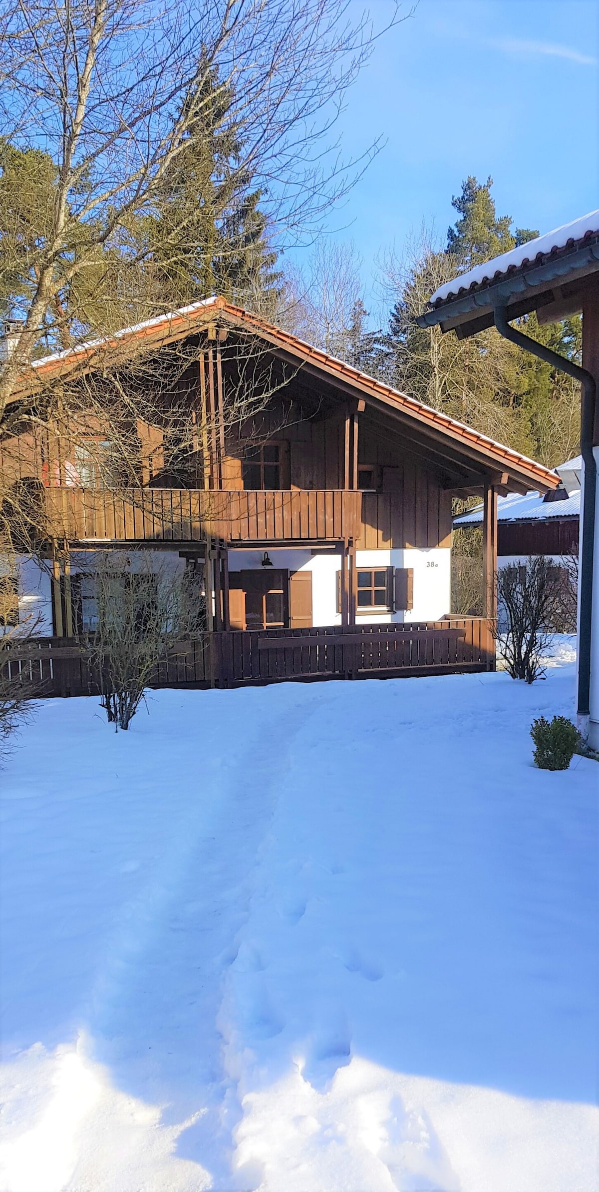A charming semi-detached house is depicted, featuring wooden architecture and a sloped roof. Snow blankets the ground around the property, creating a serene winter scene. The house is surrounded by trees, with a clear blue sky overhead, enhancing the inviting atmosphere of the setting.