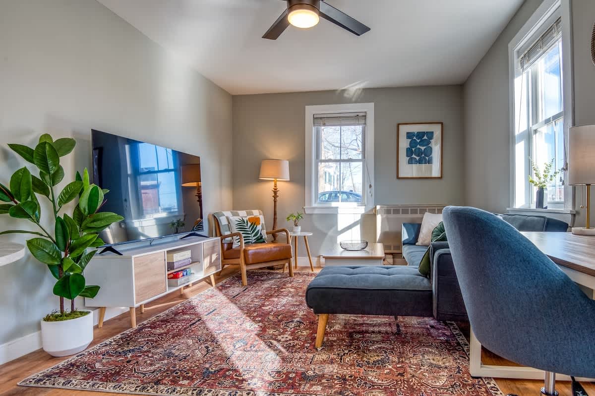 A cozy living area features a stylish television unit and comfortable seating options, including a mid-century armchair and a plush sofa. Natural light filters through large windows, illuminating the soft area rug beneath. A decorative plant adds a touch of greenery to the space.