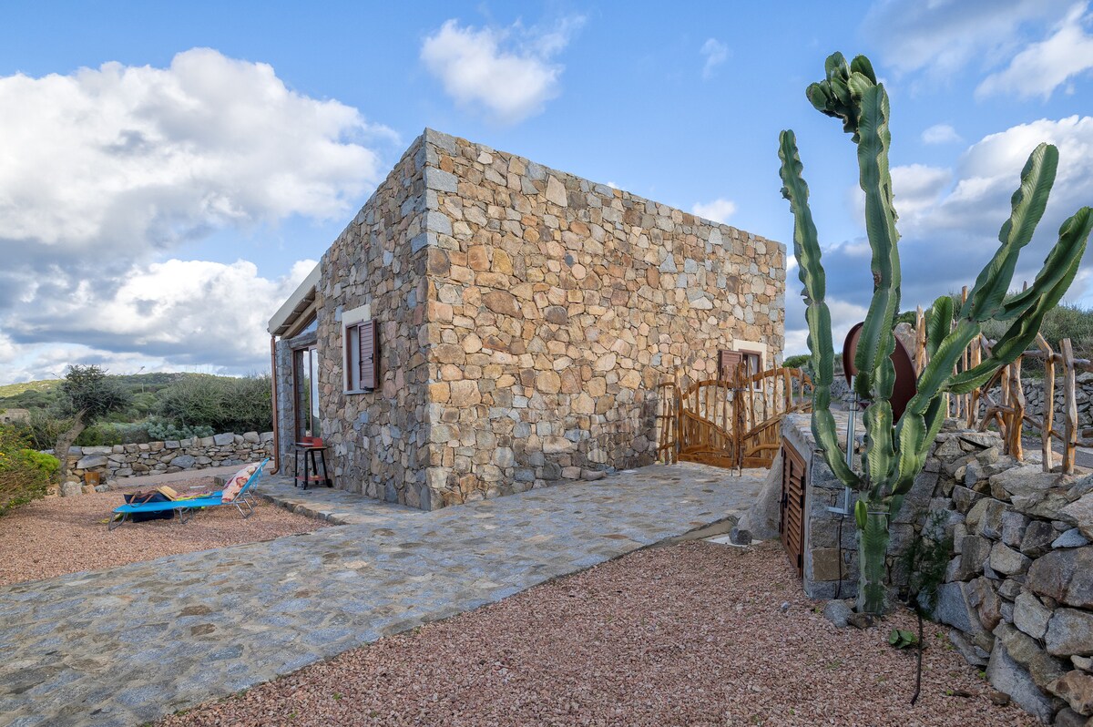 A stone exterior defines the studio apartment, showcasing a blend of natural materials. An expansive outdoor area includes a pathway leading to seating for relaxation. Cacti and greenery enhance the landscape, while nearby windows reflect the surrounding countryside.