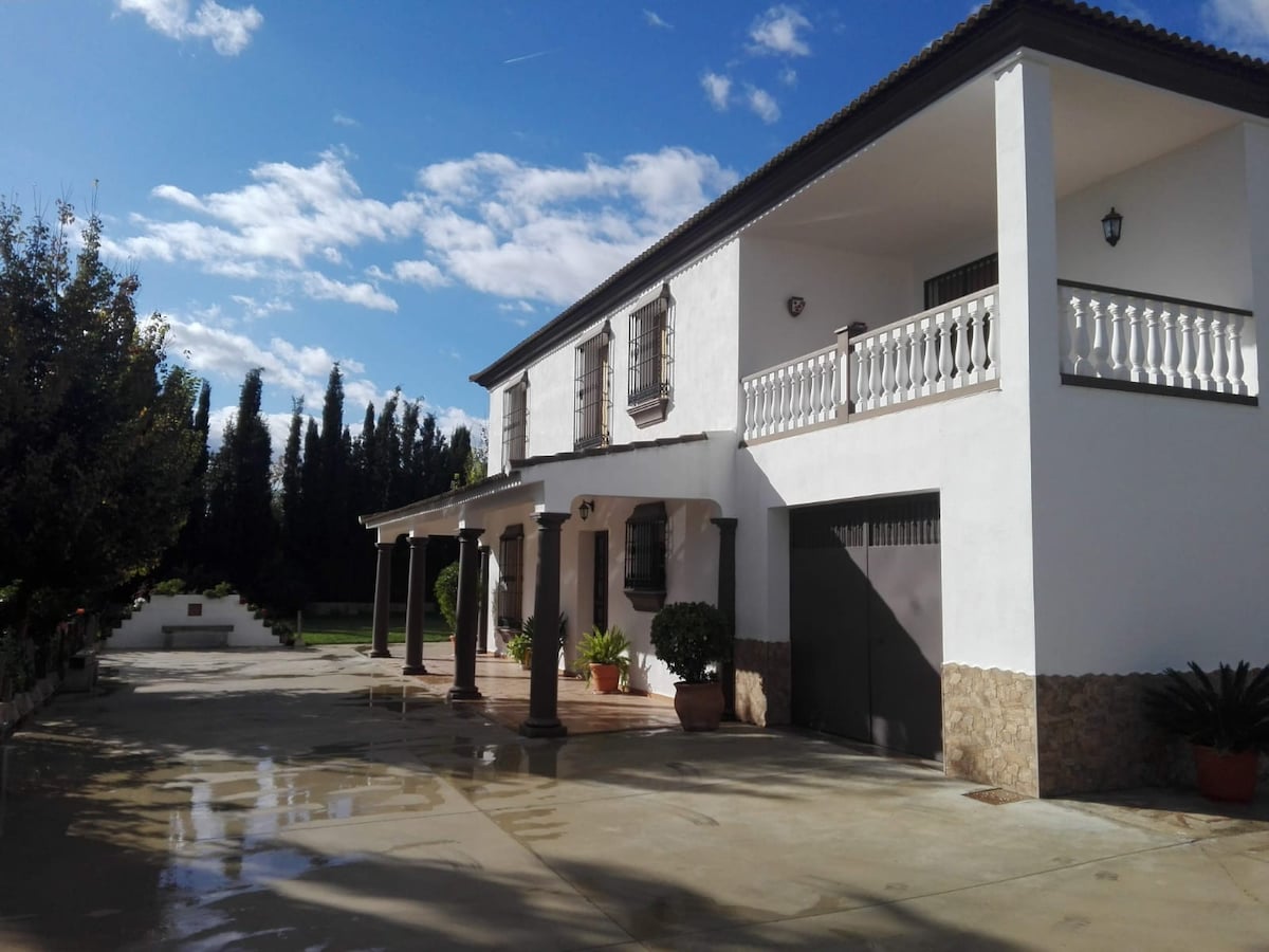 The house features a two-story design with a white facade, accented by stone and a covered porch. A spacious patio is visible, leading to well-maintained gardens. Tall trees are present in the background, creating a tranquil rural atmosphere under a partly cloudy sky.