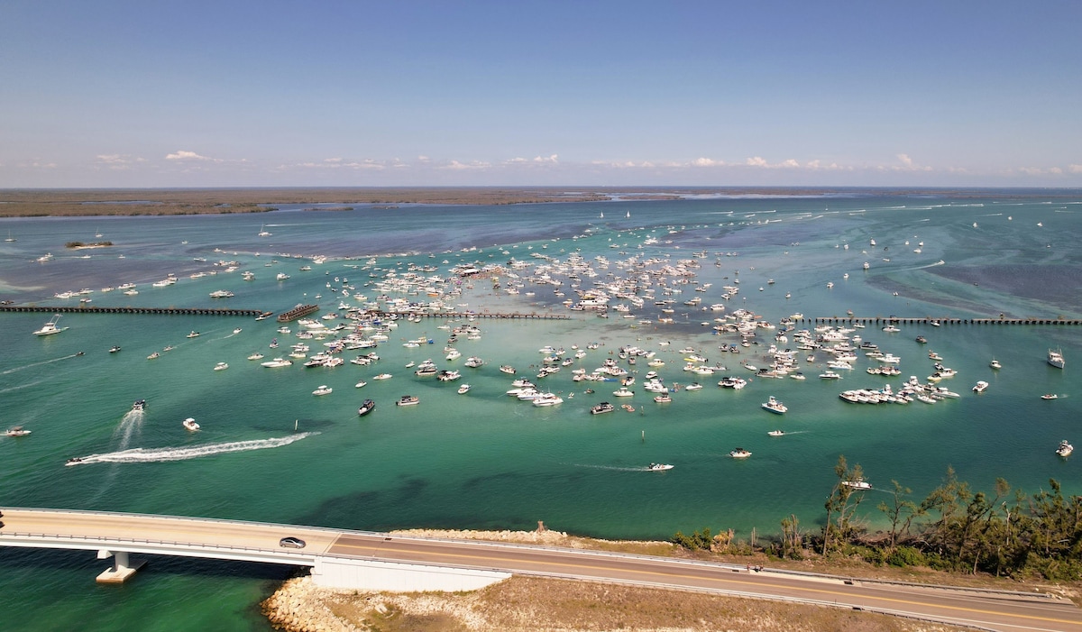 Aerial view of a vibrant marina filled with numerous boats on sparkling turquoise waters. The scene captures a bridge leading into the area, with a backdrop of clear skies and distant landforms, creating a sense of openness and natural beauty.