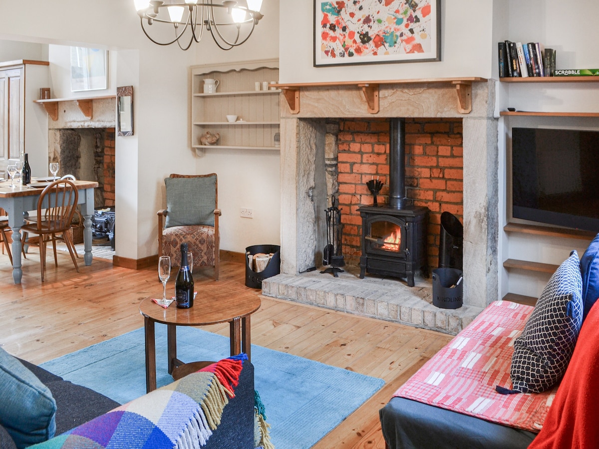 The living room features a wood burner, providing warmth to the rustic space, with wooden flooring and a coffee table at the center. A comfortable sofa bed is positioned to the left, while a dining area is visible in the background. Bright artwork adorns the walls.