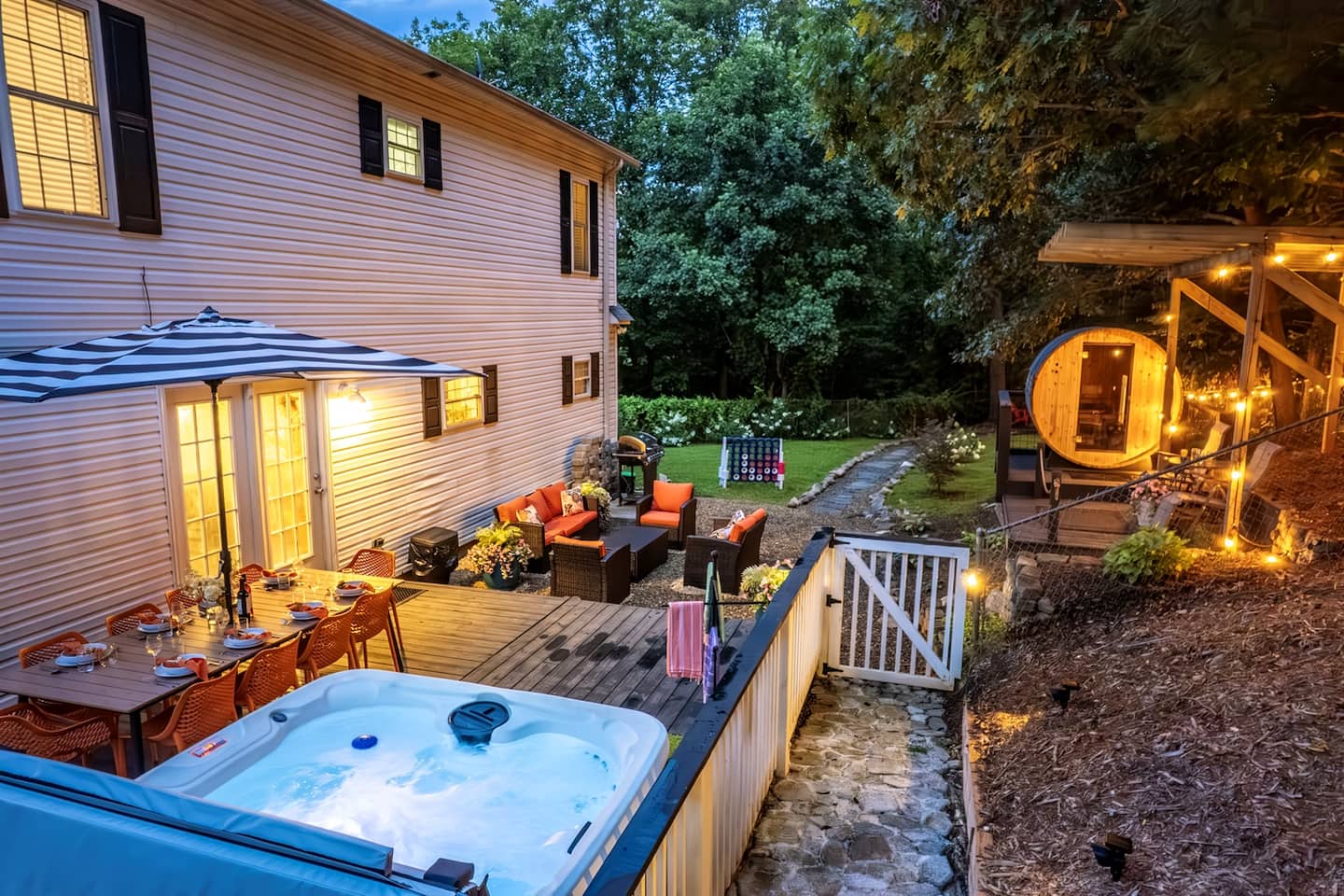 Watch the deck lights come on as the sun drops and the hot tub starts to steam