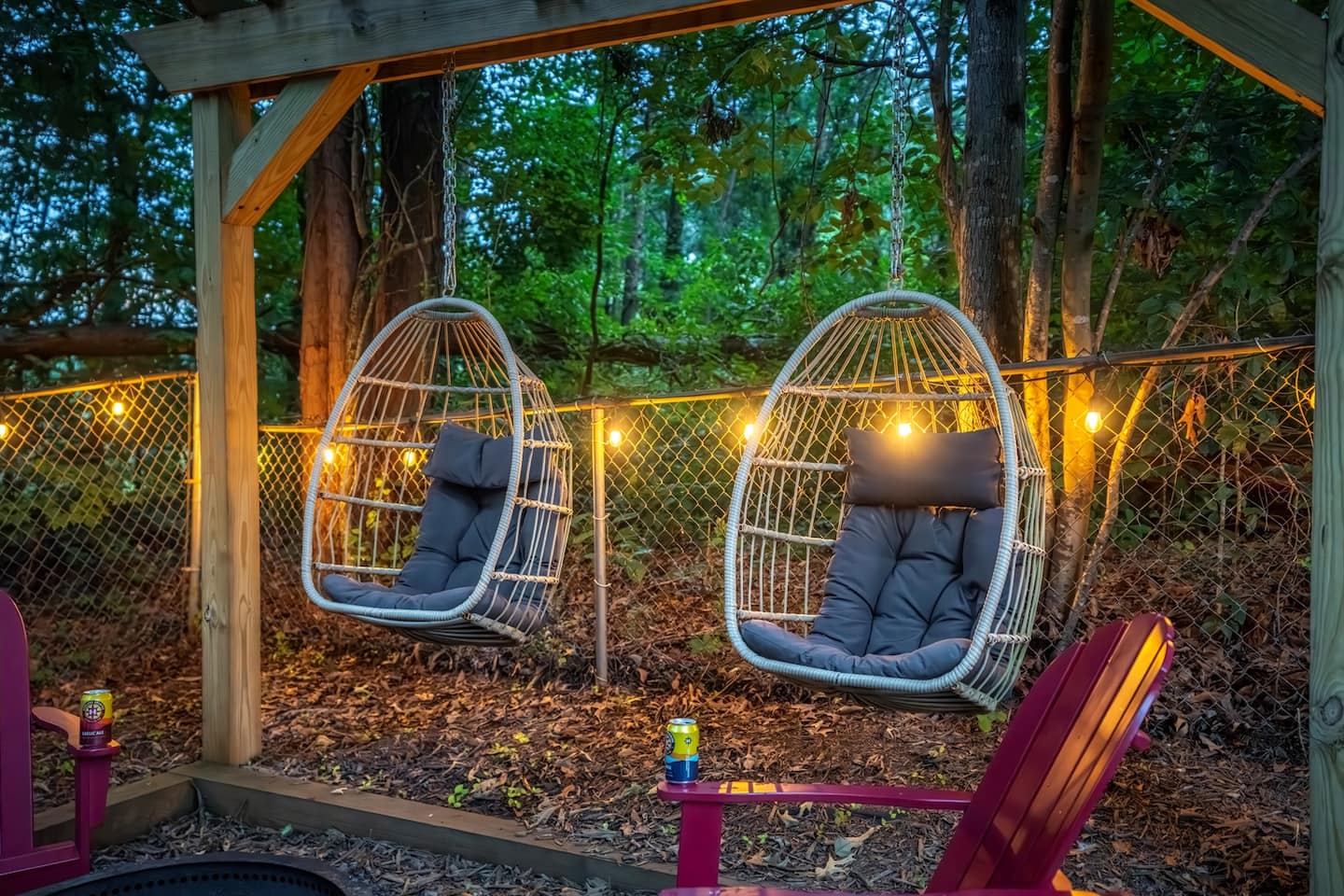 Claim a hanging egg chair under the pergola and sway there with a drink while the rest of the group takes over the fire pit