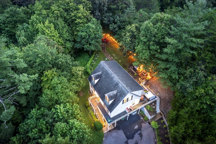 Aerial view of The Lily Pad in the woods outside Asheville