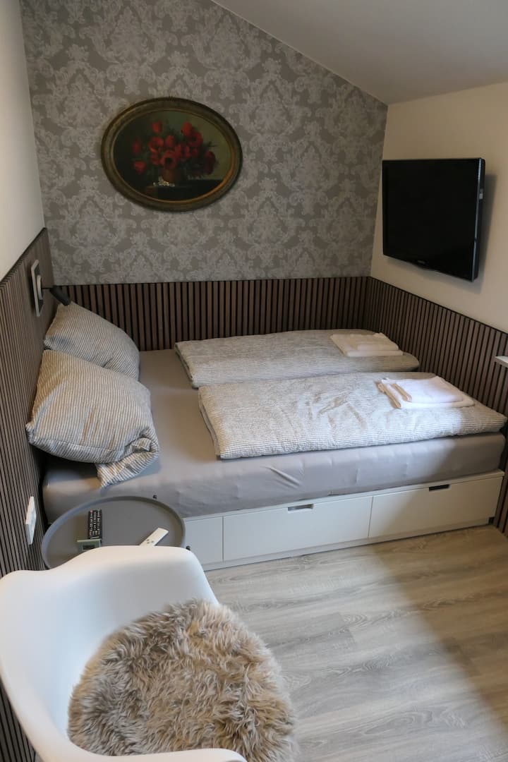 Dhomë gjumi me televizor, krevat dopio