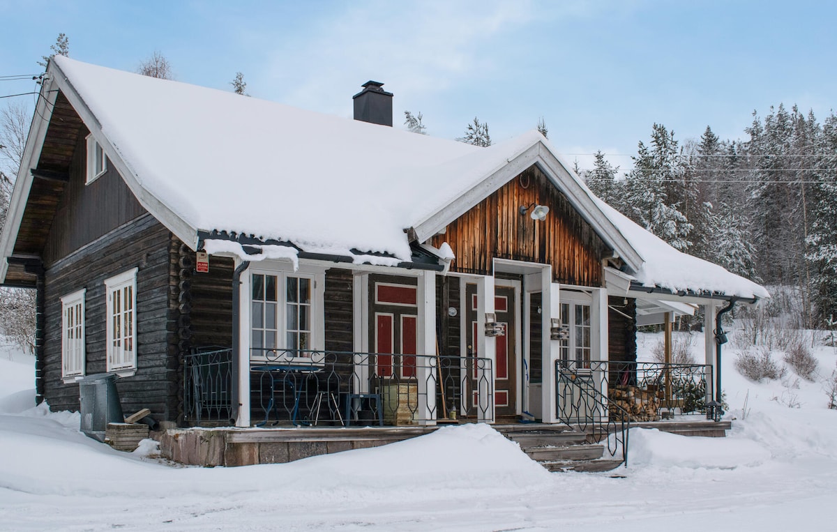 A cozy vacation home is set against a wintry landscape, featuring dark wood paneling and a welcoming front entrance. Snow blankets the rooftop and garden, while a covered porch provides attractive outdoor seating. Surrounding trees complete the peaceful rural setting.