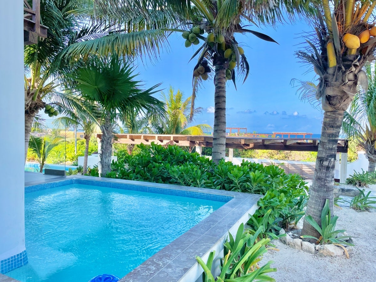 A private pool is framed by lush greenery and palm trees, with vibrant blue water reflecting the sky. In the background, a glimpse of the ocean is visible, enhancing the serene atmosphere of the outdoor space.