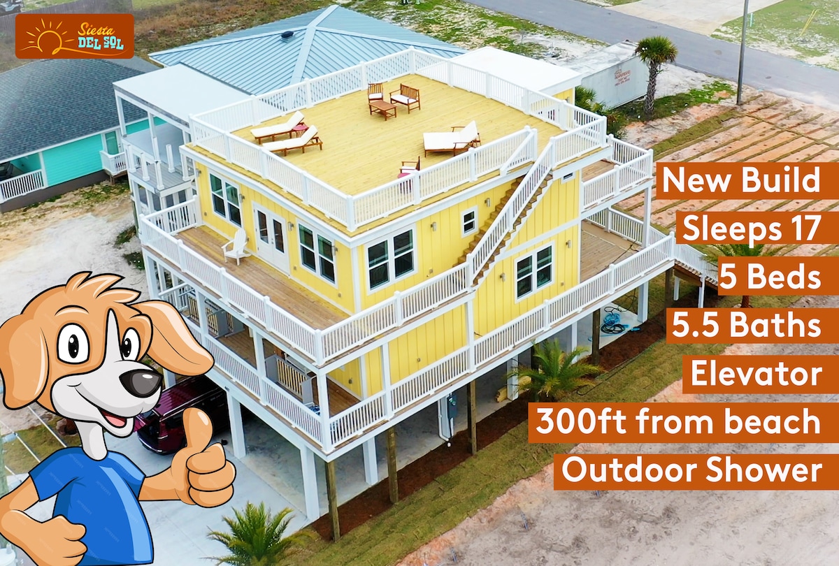 An aerial view of a newly constructed, multi-level home is displayed, featuring a sunny yellow exterior and expansive decks. Multiple outdoor seating areas are visible along with an outdoor shower. The property is located 300 feet from the beach, with ample parking space below.