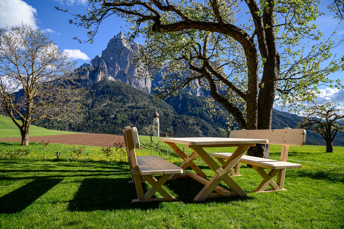 A wooden picnic table with benches is set on lush green grass, surrounded by trees. The majestic mountains of the Alps rise in the background, framed by a clear blue sky with scattered clouds. The scene offers a peaceful outdoor space for relaxation.