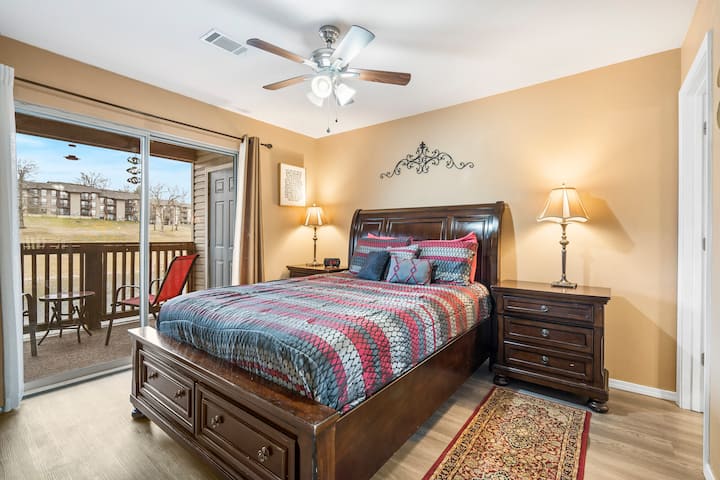 The master queen suite boasts a private ensuite, Smart TV, & deck access