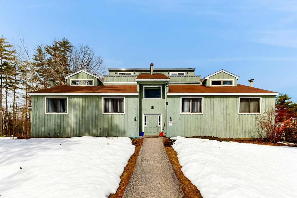 The exterior of the home showcases a two-story structure clad in green siding, with large windows on the front that create a bright appearance. A gravel pathway leads to the centrally located entrance, bordered by patches of snow and surrounding trees.