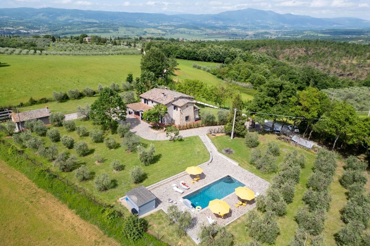 An aerial view showcases a charming villa surrounded by a well-kept garden and olive trees. A sparkling pool is framed by sun loungers under yellow umbrellas, providing a serene outdoor space. The rolling hills and lush greenery of the Umbrian countryside create a tranquil backdrop.