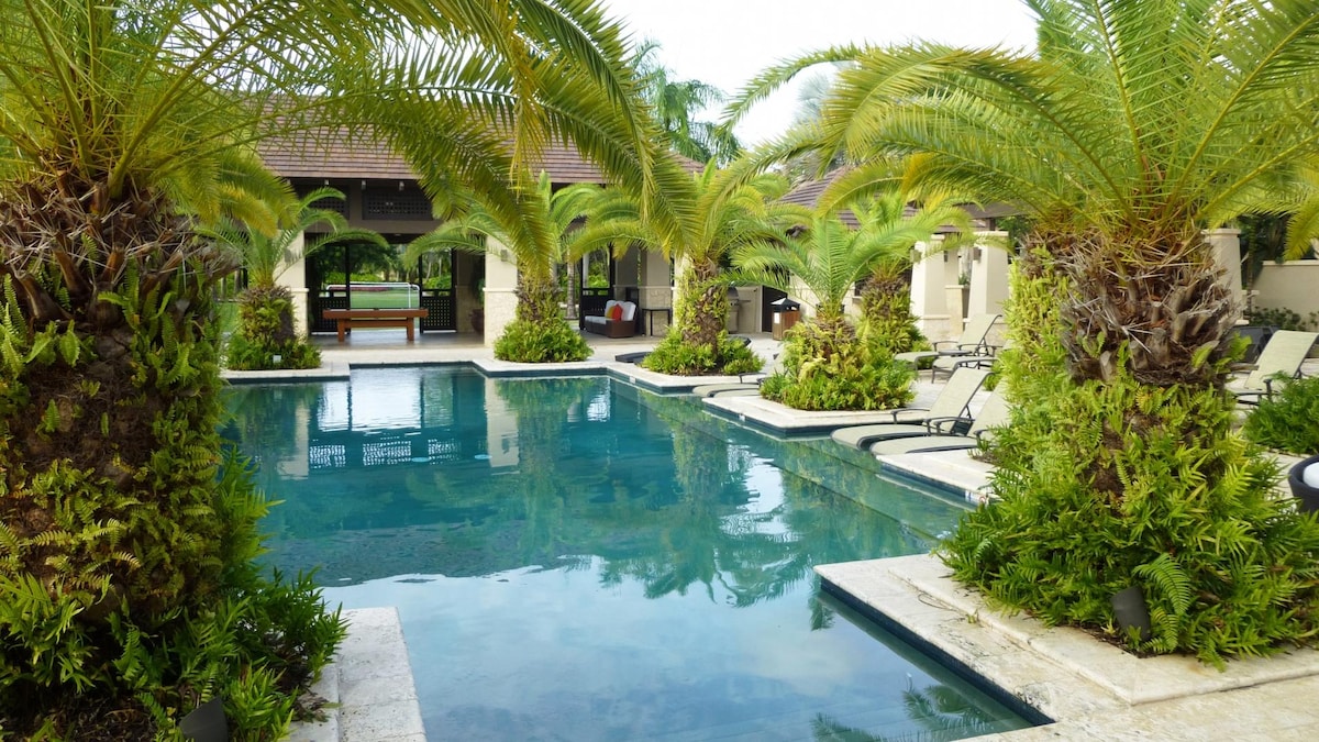 An expansive pool area is surrounded by lush tropical greenery, featuring a calm water surface that reflects the surrounding plants. Lounge chairs are positioned around the pool, offering relaxation spaces under shaded palapas.