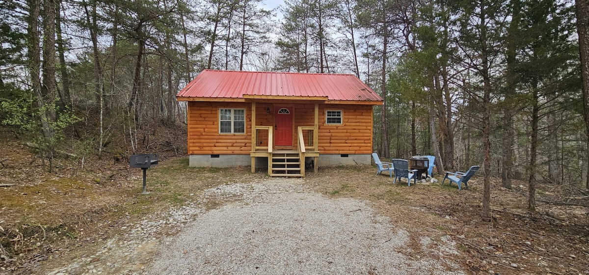 The cabin exterior features warm wooden siding with a red metal roof. A gravel path leads to a porch with steps, flanked by two chairs and a small table. A charcoal grill is positioned nearby, amidst the surrounding trees.