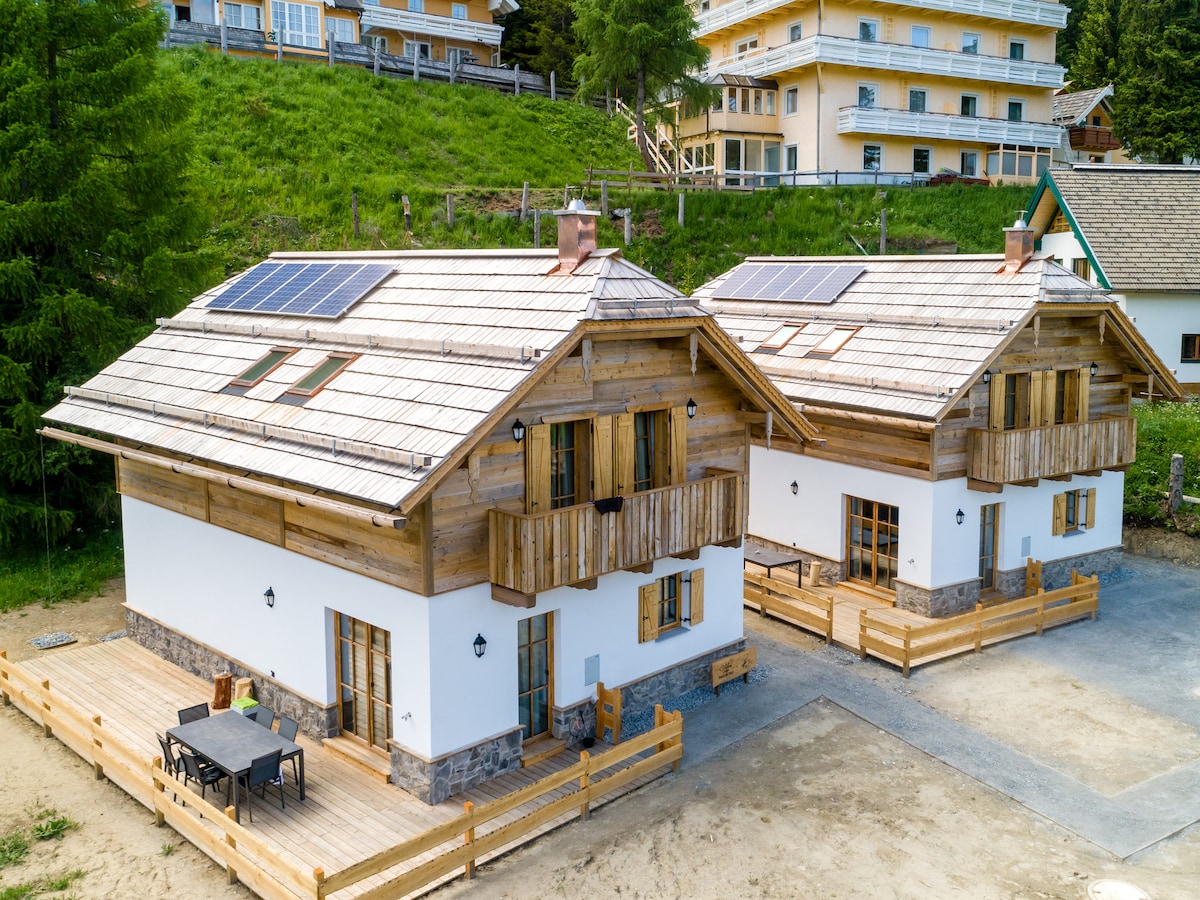 Two contemporary chalets are shown, each featuring a wooden façade with large windows and a sloped roof. Solar panels are positioned on the roof, while a wooden table and chairs are set on the patio. The surrounding landscape includes lush greenery and a nearby hillside.