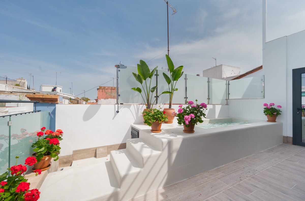 The roof terrace features a small swimming pool surrounded by planters with vibrant flowers in pots. Glass panels provide privacy and views of the surroundings. A staircase leads to the pool area, with ample space for relaxation and enjoying the fresh air.