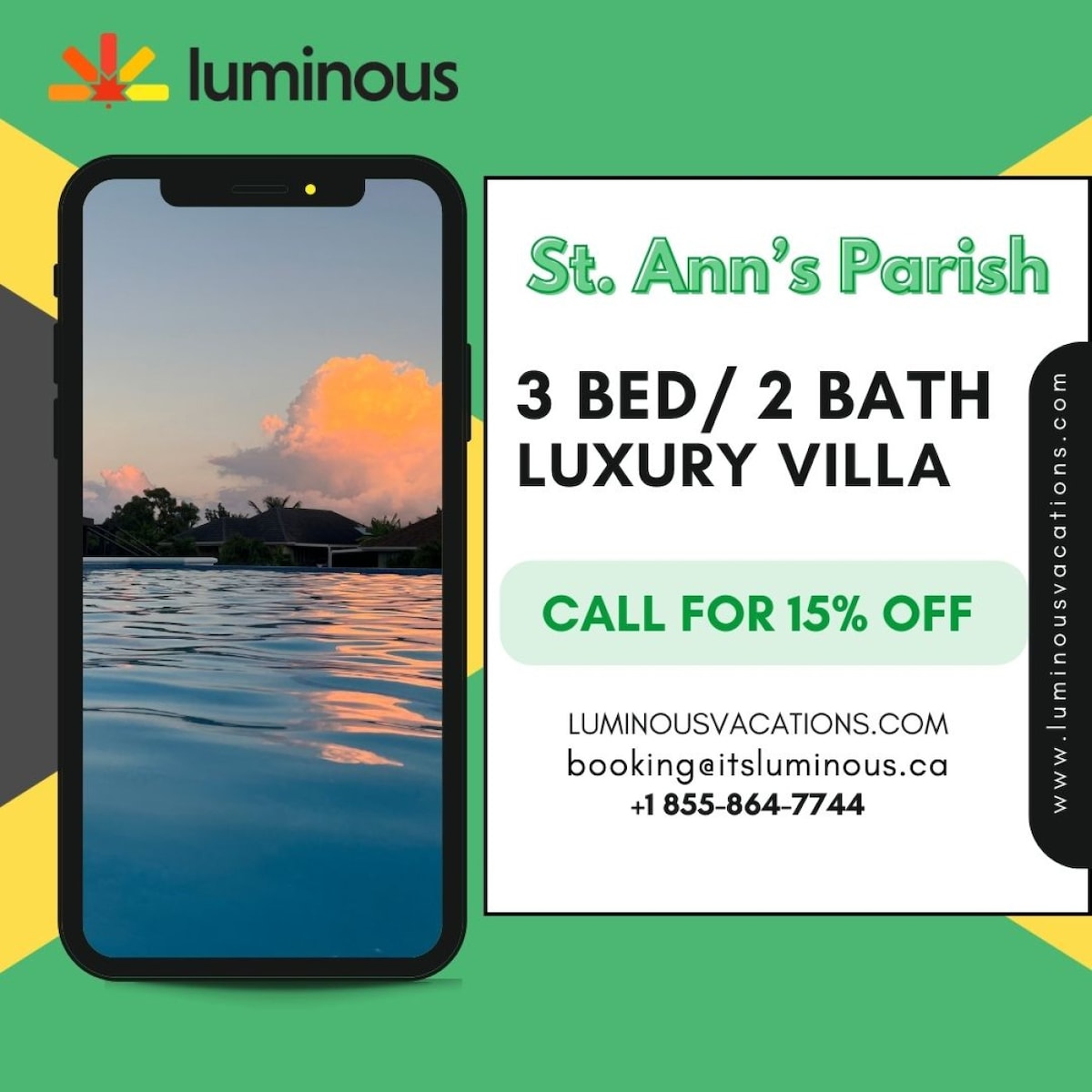 An inviting smartphone screen displays a serene view of an infinity pool at dusk, reflecting soft colors of the sunset. The villa's lush surroundings create a tranquil atmosphere, highlighting the connection to nature and relaxation.