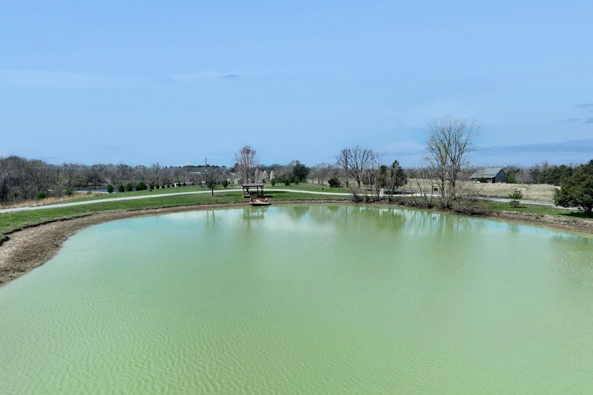 A serene pond surrounded by lush greenery reflects the clear blue sky. A small dock is visible at the water's edge, providing a tranquil spot for relaxation. Sparse trees line the perimeter, contributing to the calm and inviting landscape.