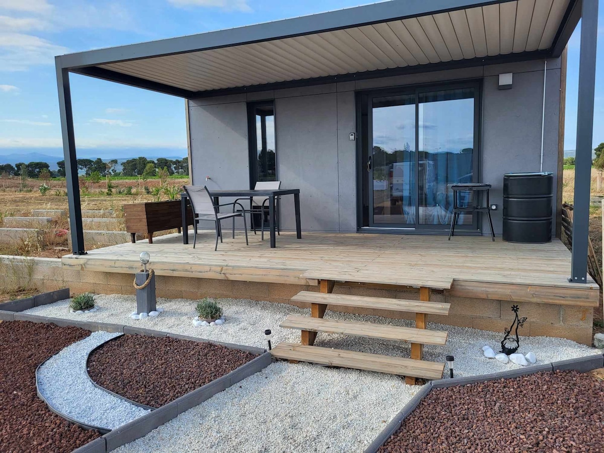 A covered terrace is displayed with black garden furniture, including a table and chairs, situated in front of the entrance to the chalet. Steps lead down to a landscaped area featuring gravel and small plants. The background reveals vineyards and an open sky.