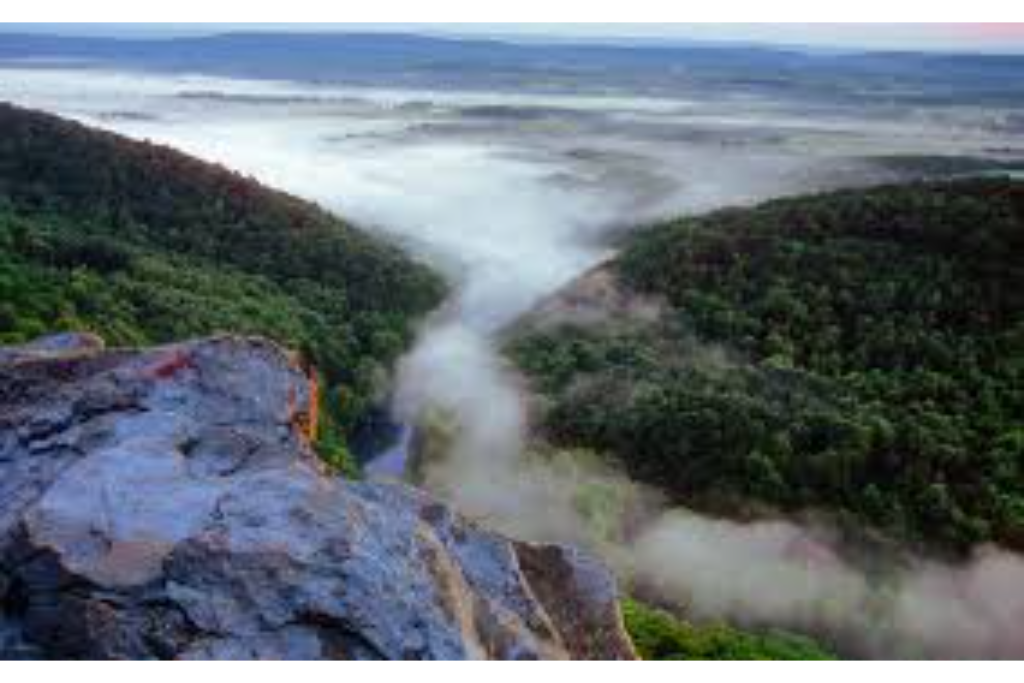 A scenic view captures mist gently rolling over lush green valleys, with a rocky outcrop in the foreground. The serene landscape highlights the natural beauty of Pennsylvania's Susquehanna Valley, surrounded by hillside greenery and a winding river obscured by morning fog.