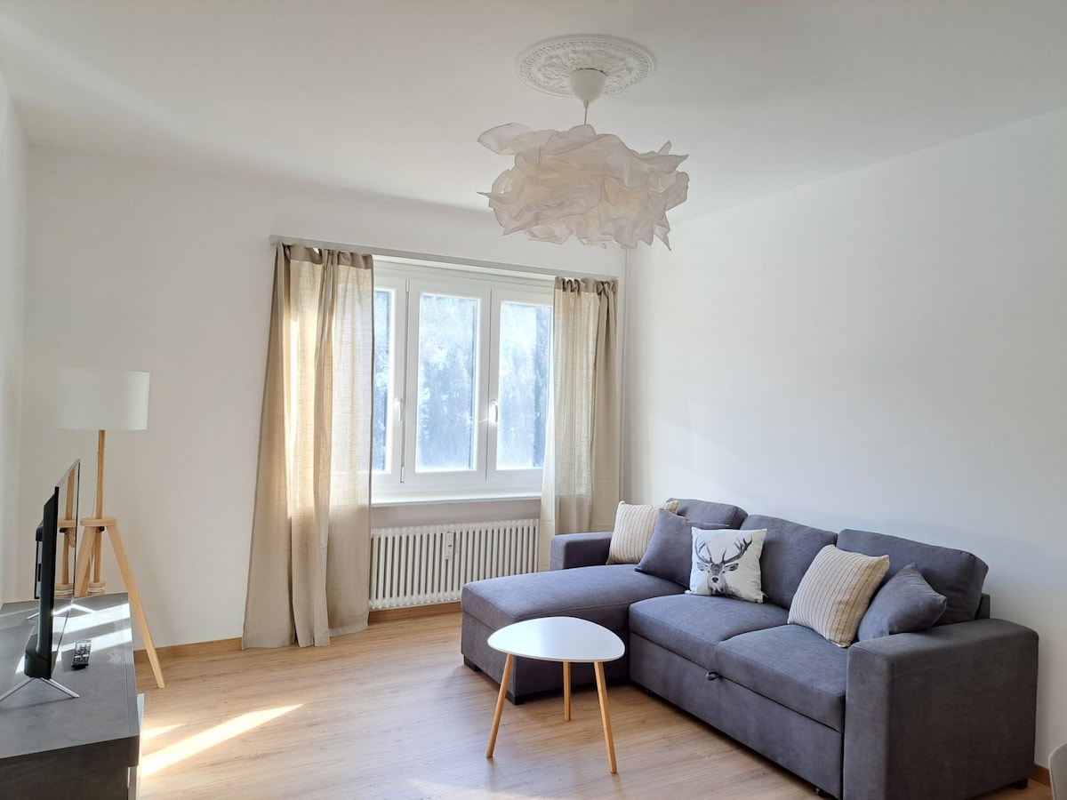 A spacious living room is highlighted by a large dark grey sofa with decorative cushions. Natural light filters through the curtains, illuminating a light wood floor. A minimalist coffee table is placed in front of the sofa, while a tall lamp stands to the side, enhancing the room's comfort.