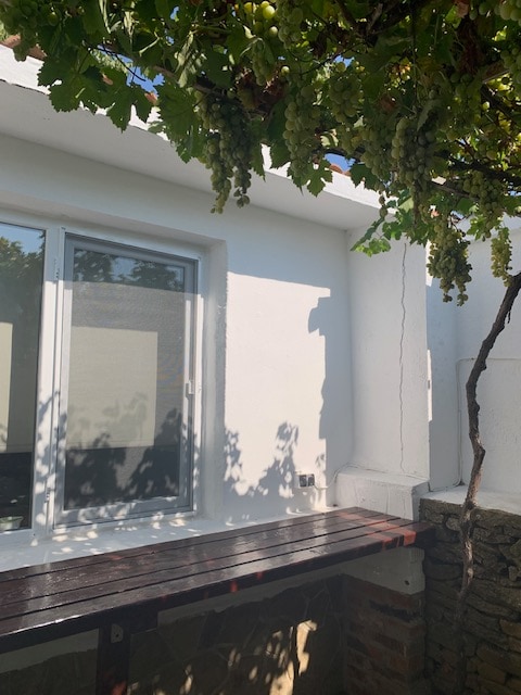A white exterior wall features a large window, providing natural light to the interior. A wooden bench is positioned underneath a vine-covered trellis, offering a shaded area ideal for relaxation. The wall texture includes a blend of stone and plaster, enhancing the rustic charm.