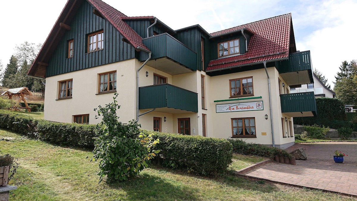 The charming building features a mix of green and white-painted exterior with a sloped red roof, framed by large windows. Balconies on the upper levels provide additional outdoor space. A landscaped area with bushes and a pathway leads to the entrance.