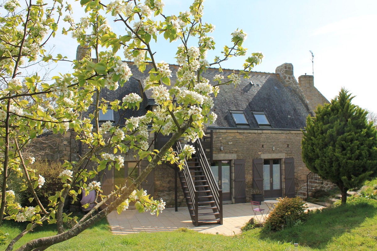 A charming stone building is presented, featuring a sloped roof and multiple windows that allow natural light to fill the interior. A patio area is located at the base, accompanied by greenery and flowering trees, creating a peaceful outdoor space for relaxation.