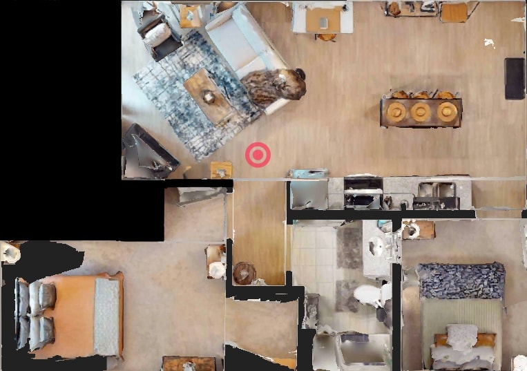 An overhead view of a modern apartment layout is presented, displaying an open-concept living area with a dining table and kitchen space. Two distinct sleeping areas are visible, each featuring beds and bedside tables, while natural light streams through multiple windows.