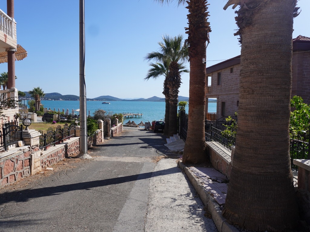 A tree-lined path leads down to the sea, flanked by palm trees on either side. The calm water is visible at the end of the path, with boats anchored in the distance. The image captures the proximity to the seaside, enhancing the relaxed atmosphere of the area.