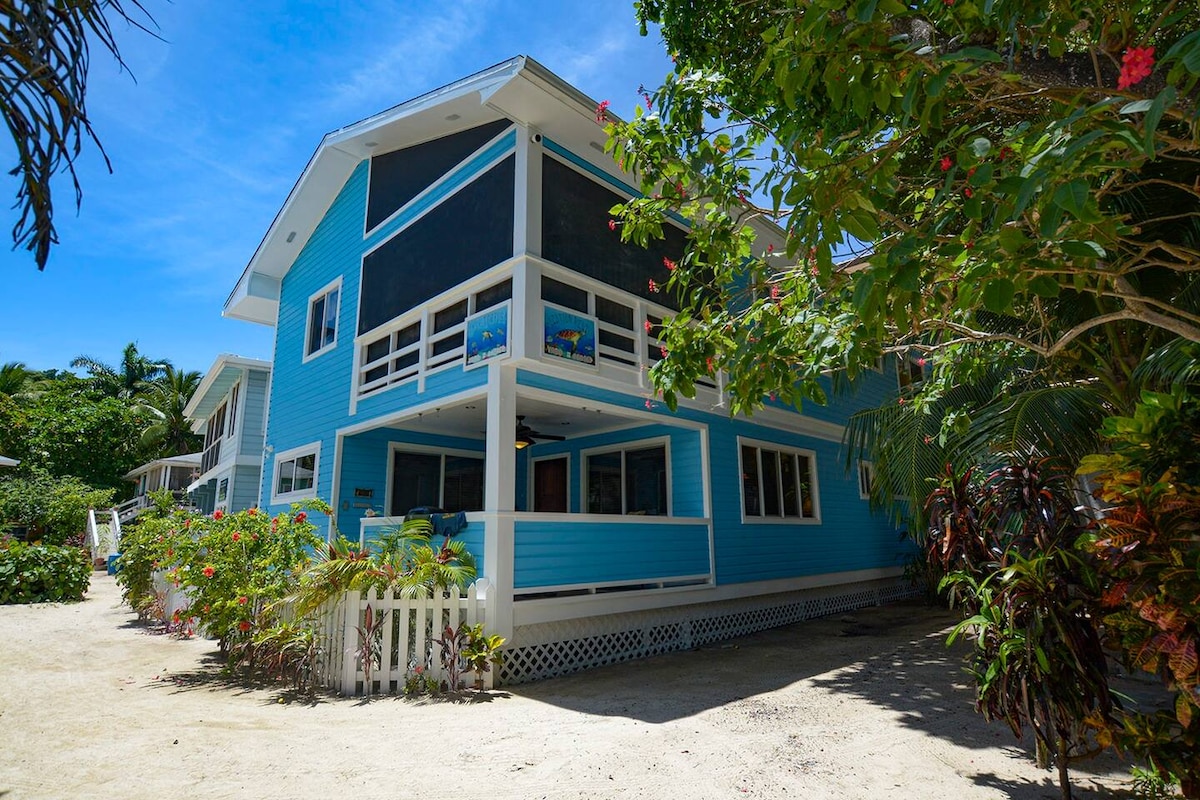 A vibrant blue house stands amidst lush greenery and colorful tropical plants. The structure features multiple levels with large windows and a spacious porch. Sandy pathways lead to the beach, creating an inviting atmosphere for relaxation and exploration.