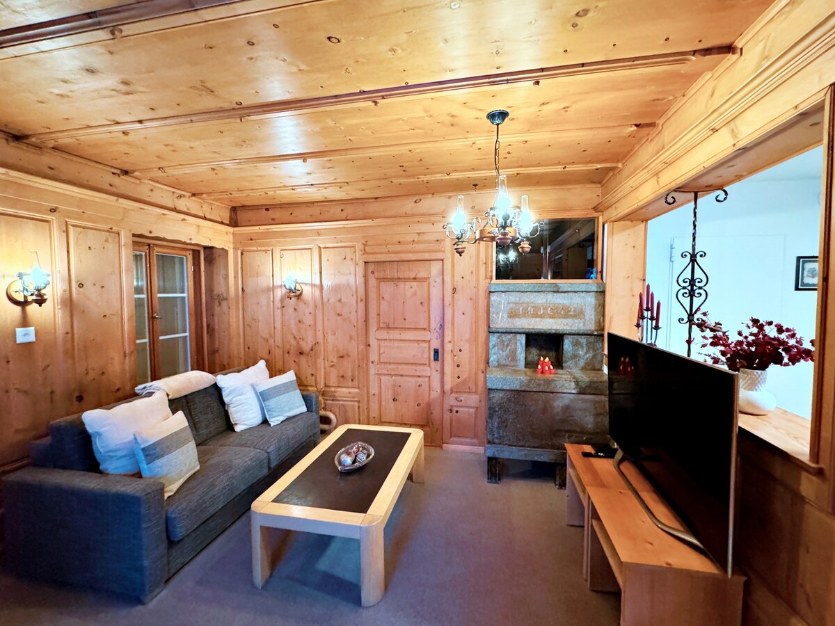 A warm living area features wooden paneling and a cozy seating arrangement with a dark sofa and decorative cushions. A wooden coffee table sits in front of the sofa, while a flat-screen television is positioned on a wooden console. A traditional stone fireplace adds character to the space.