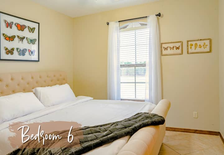 מיטת קווין סייז, ראש מיטה מרופד, יצירות אמנות בנושא פרפרים, חלון עם וילונות, שידת לילה עם מנורה דקורטיבית