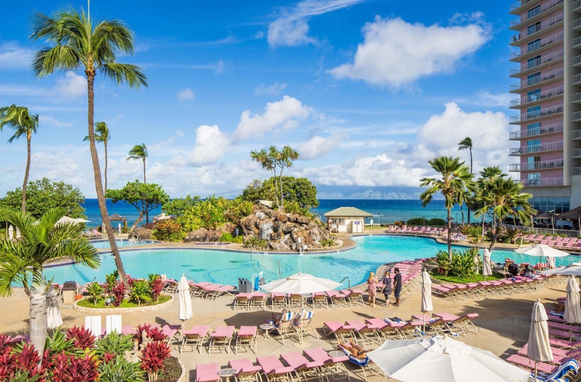 A large outdoor pool is surrounded by vibrant tropical landscaping and lounge chairs. A rock formation and palm trees add natural elements, while a low building is visible in the background against a bright blue sky.